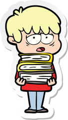 sticker of a cartoon exhausted boy holding book