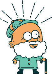 illustration of a traditional tattoo style happy old man with walking stick