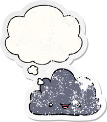 happy cartoon cloud with thought bubble as a distressed worn sticker