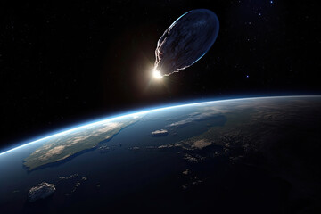 In space hazardous asteroid crosses paths with habitable planet.