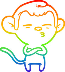 rainbow gradient line drawing of a cartoon suspicious monkey