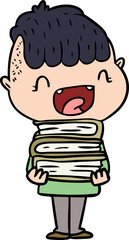 cartoon happy boy with new books