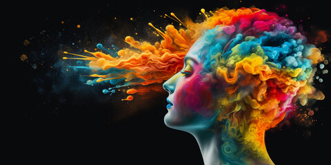 Colorful inspirational mind concept. Creative idea and art creation process. Black background with copy space.