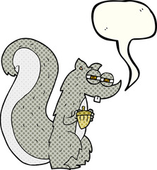 freehand drawn comic book speech bubble cartoon squirrel with nut