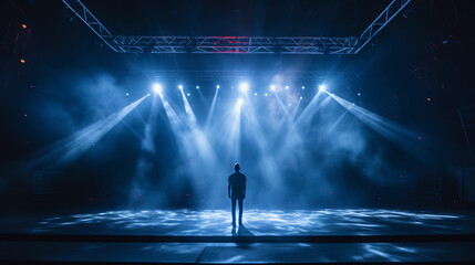 Blue stage with moving head spot lights with haze fog before rock concert. - Powered by Adobe