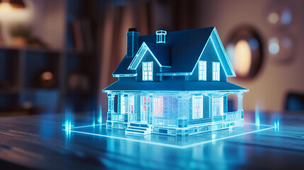 AI smart house architecture model. High tech hologram of private house. - obrazy, fototapety, plakaty