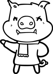 angry cartoon pig in winter clothes