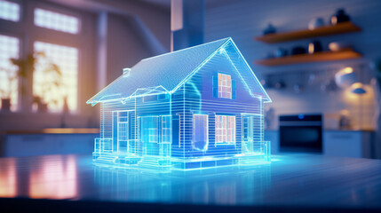 AI smart house architecture model. High tech hologram of private house.