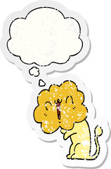 cute cartoon lion with thought bubble as a distressed worn sticker
