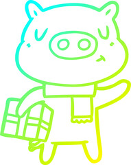 cold gradient line drawing of a cartoon christmas pig