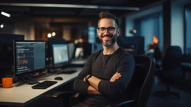 Happy Professional Software Program developer Coding in Dark Office. IT Specialist with glasses Working with Computer Screens.