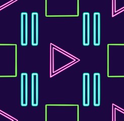 seamless pattern play, stop and pause glowing desktop icon, neon sticker, neon figure, glowing figure, neon geometrical figures 