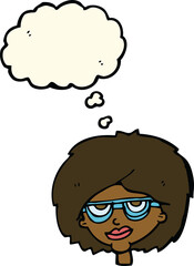 cartoon woman wearing spectacles with thought bubble