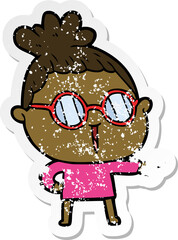 distressed sticker of a cartoon woman wearing spectacles