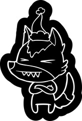 angry wolf quirky cartoon icon of a wearing santa hat