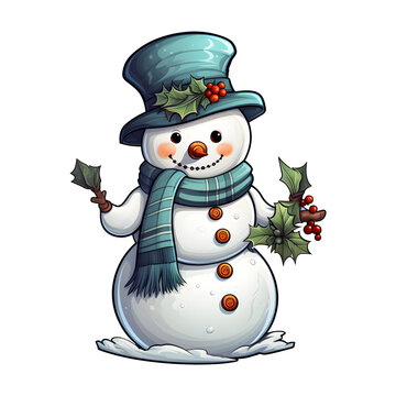 recommend clip art: Cute Snowman Wearing Green Cap and Muffler on Transparent Background, Ai Generated