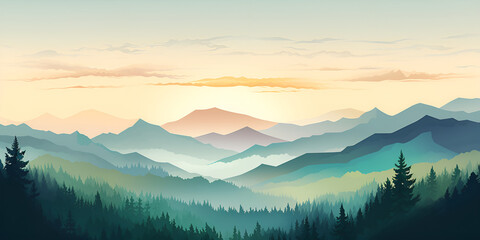 Mountain At Dawn Background With Lake And Sun,,,,,,
Scenic Hills and Green Sky in Nature Illustration