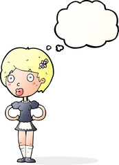 cartoon woman in french maid outfit with thought bubble