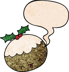 cute cartoon christmas pudding with speech bubble in retro texture style