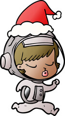 hand drawn gradient cartoon of a pretty astronaut girl running wearing santa hat