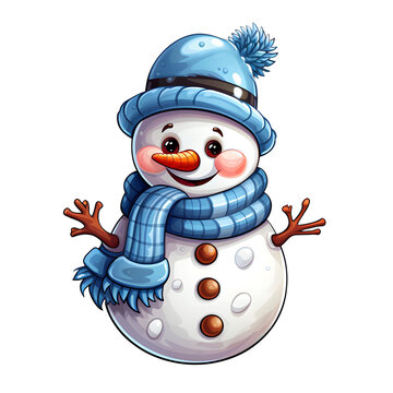 recommend clip art: Snowman Wearing Blue Cap and Muffler on Transparent Background, Ai Generated