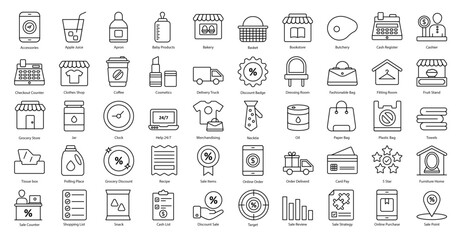 Retail Outline Icons Shopping Store Delivery Iconset 50 Vector Icons in Black, Editable Stokes