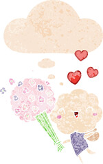 cute cartoon cloud head creature with thought bubble in grunge distressed retro textured style