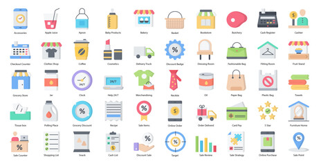 Retail Flat Icons Shopping Store Delivery Iconset 50 Vector Icons, Editable Stokes