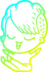 cold gradient line drawing of a happy cartoon girl