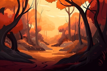 Generative AI illustration of a watercolor autumn forest painting background