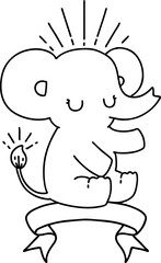 scroll banner with black line work tattoo style cute elephant