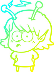 cold gradient line drawing of a cartoon alien girl