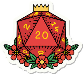 sticker of a natural 20 D20 dice roll with floral elements