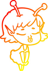 warm gradient line drawing of a cute alien girl cartoon