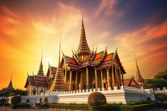 Sunset Bangkok Thailand landmark. Temple emerald buddha. Generative AI