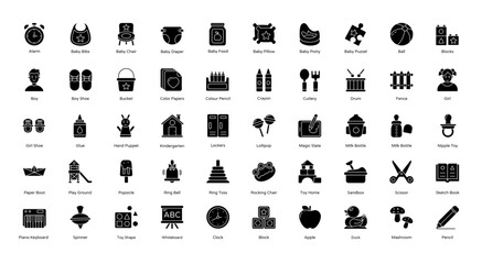 Kindergarten Glyph Icons Baby Education Children Iconset 50 Vector Icons in Black, Editable Stokes