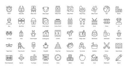 Obraz na płótnie Canvas Kindergarten Outline Icons Baby Education Children Iconset 50 Vector Icons in Black, Editable Stokes