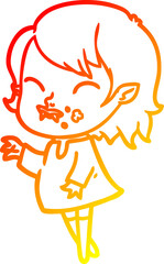 warm gradient line drawing of a cartoon vampire girl with blood on cheek