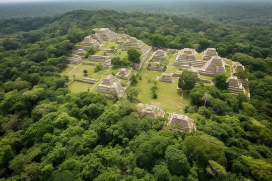 Overhead perspective of ancient Mayan settlement. Generative AI