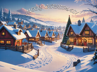 Cozy village merry christmas card