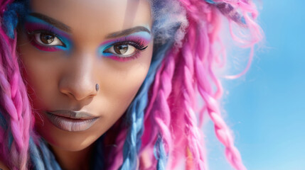 woman with wild rasta colorful pink and blue hair