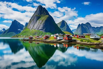 Idyllic mirrorlike reflection of Reine village on fjord waters in Lofoten Islands, Norway. Generative AI - obrazy, fototapety, plakaty