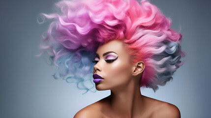 american african woman with wild wavy colorful pink and blue hair
