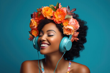 american african woman with headphones and colorful flowers in her hair on blue background