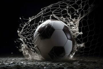 Soccer ball tearing net. Generative AI