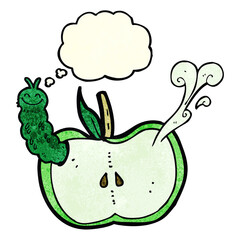 cartoon apple with bug with thought bubble