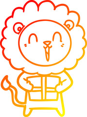warm gradient line drawing of a laughing lion cartoon with christmas present