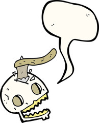 freehand drawn speech bubble cartoon axe in skull