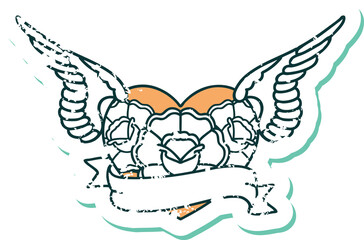 iconic distressed sticker tattoo style image of a flying heart with flowers and banner