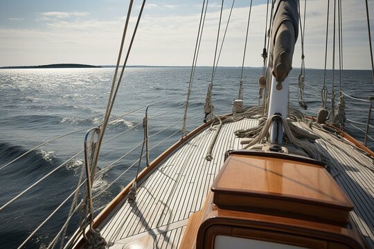 A yacht sailing on the Baltic Sea with a view from the deck to the bow, mast, and sails near Estonia. Generative AI